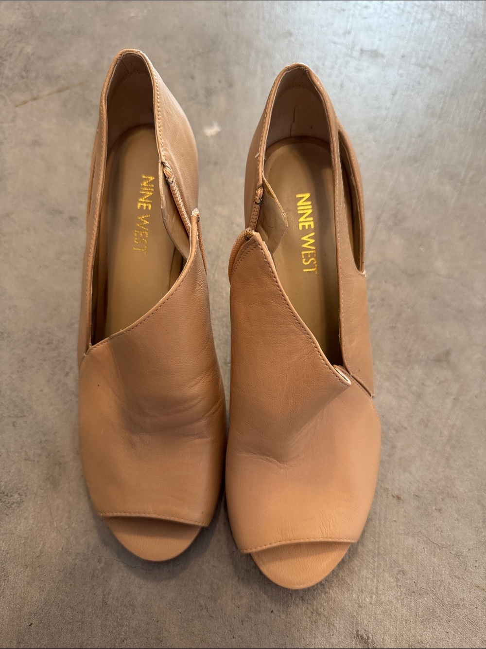 Nine West Nude Tan Peep-Toe Leather Heels